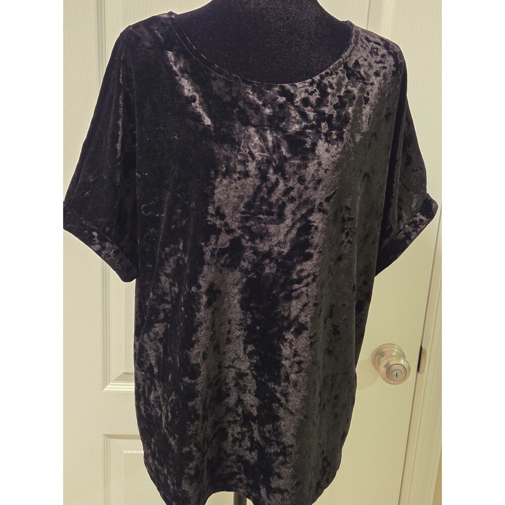 W5 Womens Black Velvet Pullover Blouse w/ Scoop Neck & Short Sleeves - Size L